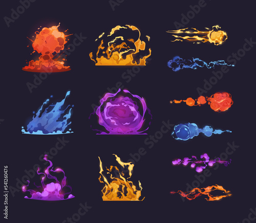 Power blast and explosion. Cartoon colorful game laser beam and plasma rays effect asset, magic spell and lightning strike sprite graphic. Vector isolated set