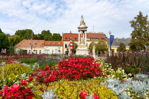 Beautiful coloful city center of Esztergom Hungary with flowers