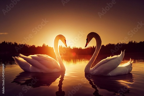 Two Beautiful Noble Bright White Swans Swimming on a Lake at Sunset Nearly Making a Love Heart