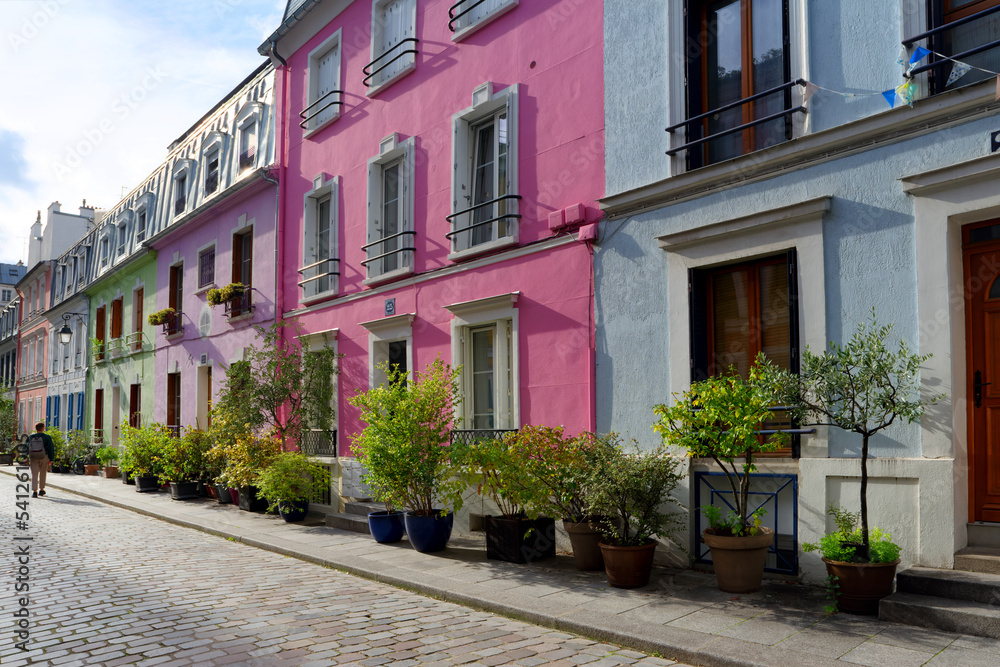 Colored facades of the Cremieux street in the 12th arrondissemnt of paris