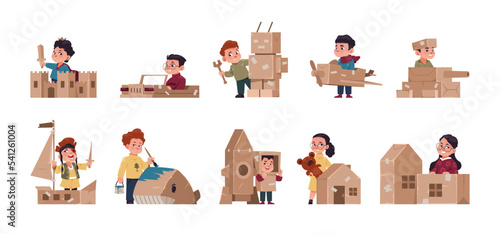 Kids playing boxes. Children building handmade cardboard toys, cute boys girls cartoon characters hobbies, happy joyful childhood. Vector isolated set