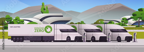 electric semi trcuk trailers charging parking at the charger station with a plug in cable electrified transportation e-motion