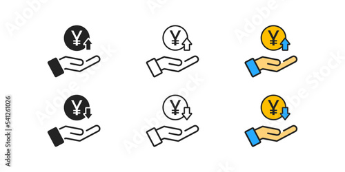 Yuan rate increase icon. Cost and price rising concept. Inwestment and salary growth. Coin, arrow up, arrow down signs. Crisis, inflation, finance, business symbol. Flat design.