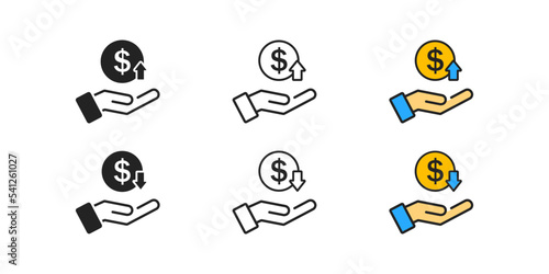 Dollar rate increase icon. Cost and price rising concept. Inwestment and salary growth. Coin, arrow up, arrow down signs. Crisis. Inflation. Finance, business symbol. Flat design.