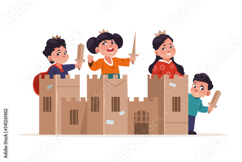 Cardboard box castle. Cartoon children knights playing with handmade toys, cute characters build together carton fortress. Vector illustration