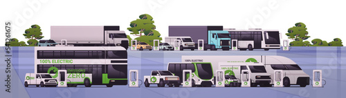 different electric transport charging battery vehicles at recharging power station charger EV management