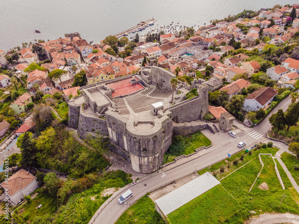 Aerial view of Herceg Novi town, marina and Venetian Forte Mare, Boka Kotorska bay of Adriatic sea, Montenegro