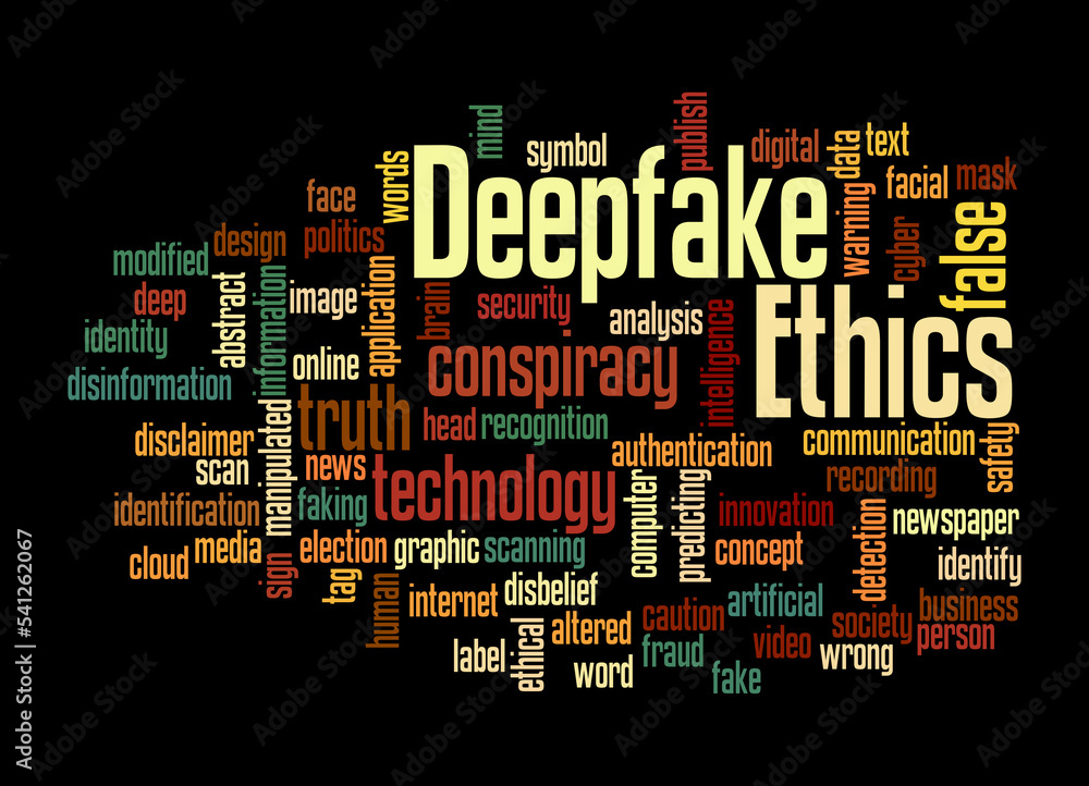 Word Cloud with DEEPFAKE ETHICS concept, isolated on a black background Word Cloud with DEEPFAKE ETHICS concept, isolated on a black background
