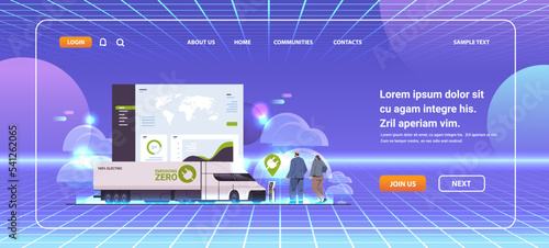 people charging electric semi truck in mobile app battery vehicle at recharging power station charger EV management