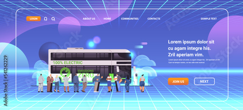 mix race people standing near electric bus charging battery vehicle at recharging power station charger EV management