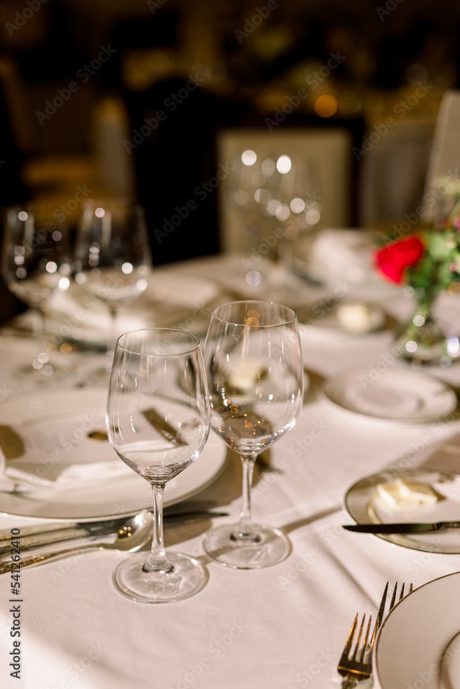 Wine glasses on a luxury table tablecloth
