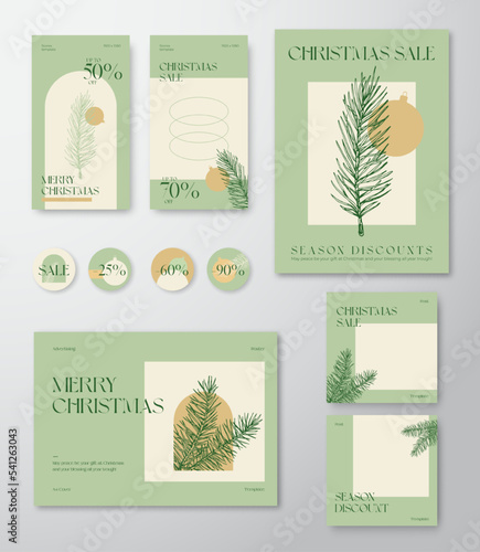 Christmas Social Media Advertising Editable Templates Set. Pine Branch, Bauble, Typography for Social Networks Stories Highlights and Posts Backgrounds Boho Holiday Greeting Cards or Banners