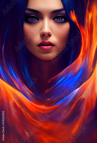 Beautiful Woman with Blue Hair Surrounded by Flames | Midjourney Ai Generated