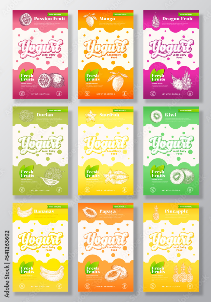 Exotic Tropical Fruits Yogurt Label Templates Set. Abstract Vector Dairy Packaging Design Layouts Collection. Modern Banners with Hand Drawn Banana, Pineapple, Starfruit Sketches Background. Isolated
