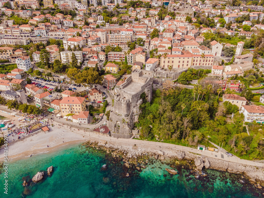 Aerial view of Herceg Novi town, marina and Venetian Forte Mare, Boka Kotorska bay of Adriatic sea, Montenegro