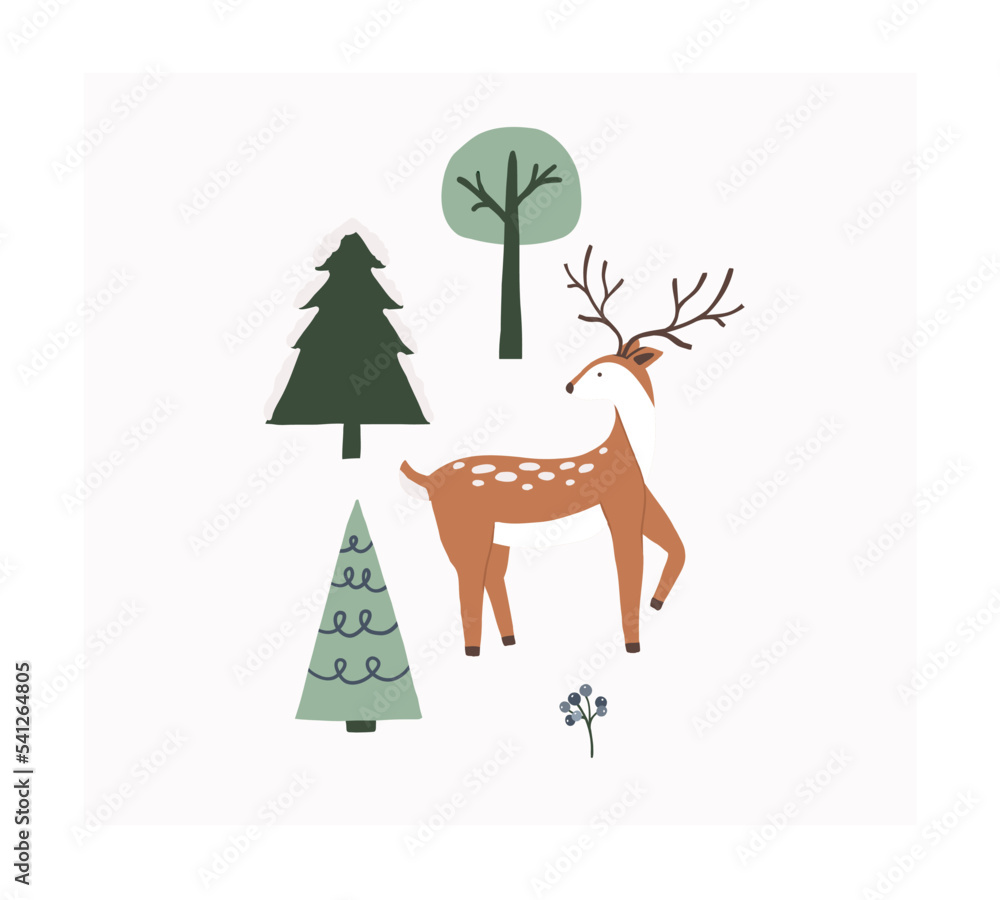 Naklejka premium Cute winter card with deer animal character and spruce trees. Hand drawn doodle drawing xmas childish vector illustration in flat style for kids t shirt, print card