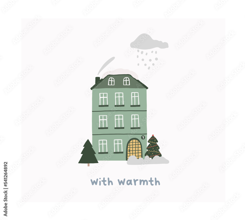 Christmas cute winter house with Christmas tree landscape. Hand drawn doodle tiny home drawing xmas childish vector illustration in flat style for kids t shirt, poster print, greeting card design