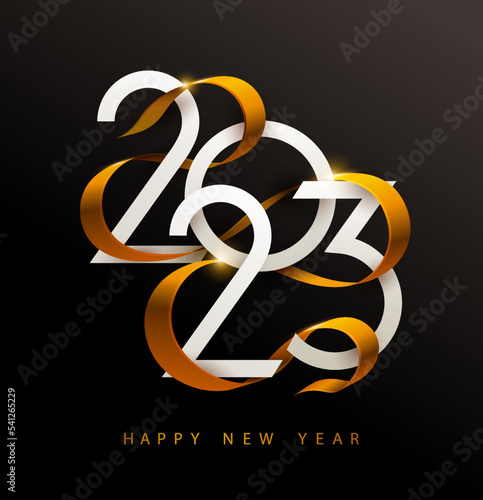 New Years 2023. Greeting card with white numbers and golden ribbon.