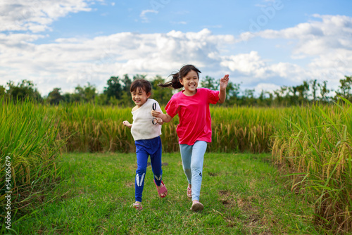 Cheerful little children play and outdoor running in the green rice field under blue sky. Concept for eco friendly in nature and happy childhood of school kids. Happiness and freedom.