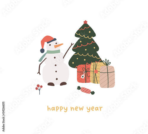Cute winter card with snowman character, christmas tree, gift boxes. Hand drawn doodle drawing xmas childish vector illustration in flat style for kids t shirt, print card