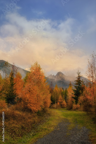 Lomnicky stit in the haze with trees in autumn colors