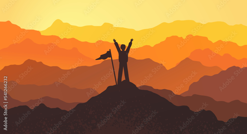 Traveler conquered the mountain, orange sunrise. Illustration for freedom and travel concept. Adventure in orange mountains and forest landscape. Vector illustration.