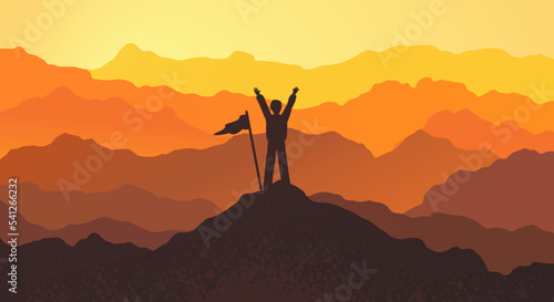 Traveler conquered the mountain, orange sunrise. Illustration for freedom and travel concept. Adventure in orange mountains and forest landscape. Vector illustration.