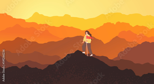 Concept of successive steps to goal achievement. Climbing concept. Illustration for freedom and travel concept. Woman climbing up mountains at sunset or cliffs and moving to final destination