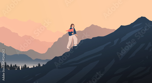 Concept of successive steps to goal achievement. Climbing concept. Illustration for freedom and travel concept. Woman climbing up mountains or cliffs and moving to final destination point