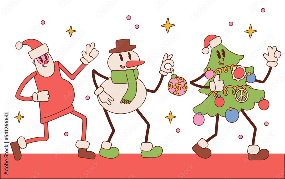 Fototapeta premium Set of Groovy hippie Christmas mascots - Santa Claus, Christmas tree, snowman in trendy retro cartoon style. Groovy pack of comic characters. Vector hand drawn illustration.