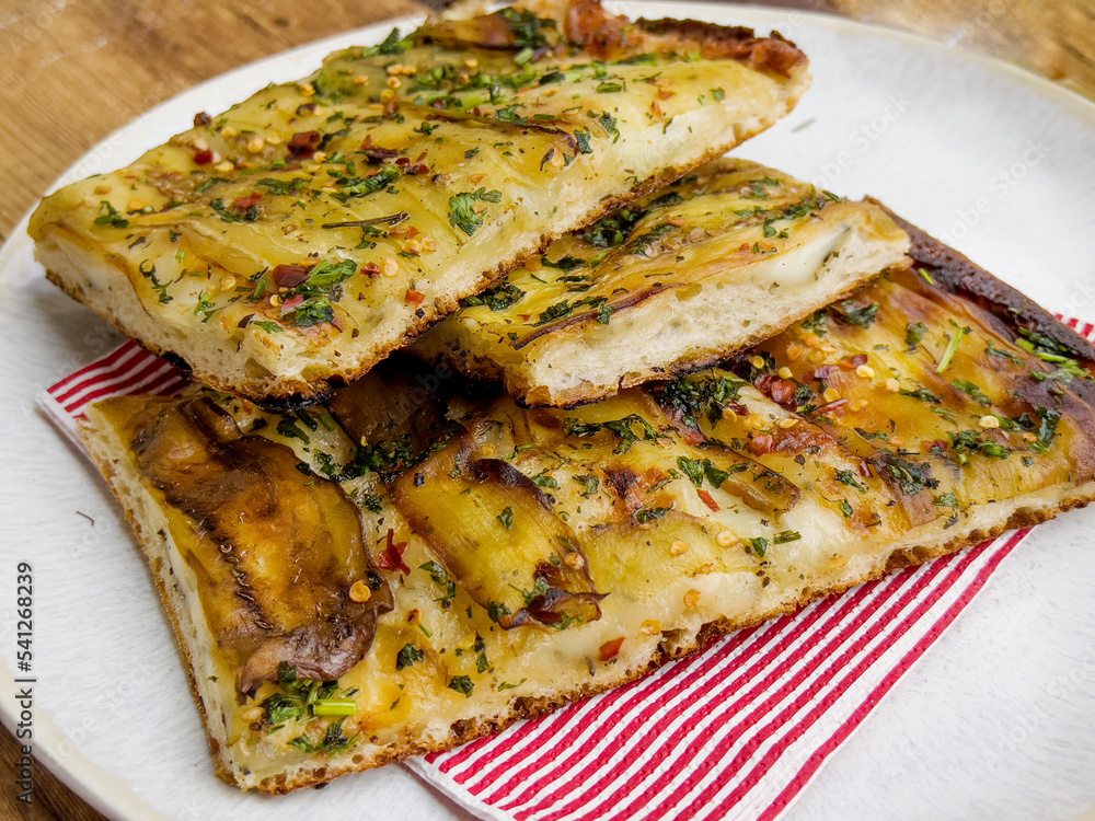 Italian Focaccia pizza with eggplant . Pala romana's pizza  . 