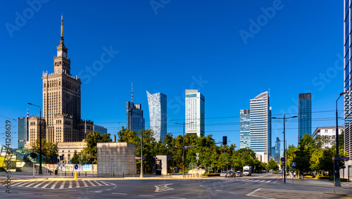 Panoramic view of modern architecture and skyscrapers of Srodmiescie downtown and Wola business district of Warsaw city center in Poland