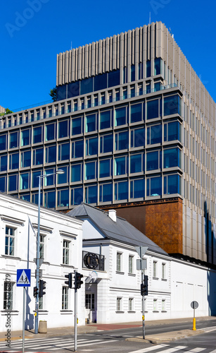 Panoramic view of modern redeveloped architecture of Wola business district of Warsaw city center in Poland