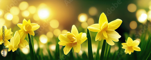 Fotografiet Yellow daffodil flowers in spring or easter as wallpaper background