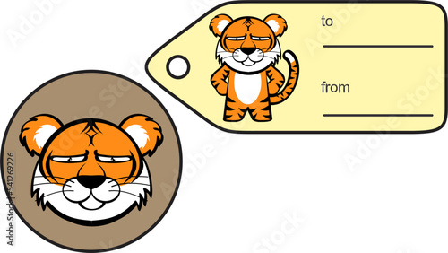 grumpy chubby tiger kid cartoon gift card sticker in vector format