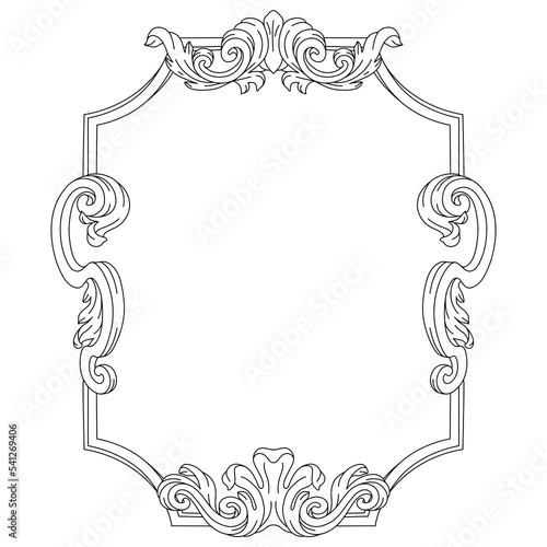 Decorative floral frame in baroque style. Engraved black curling plant.