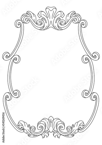 Decorative floral frame in baroque style. Engraved black curling plant.