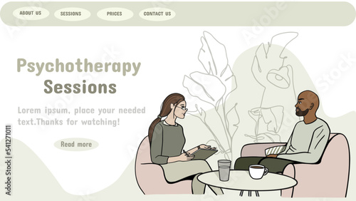 Psychotherapy session. African american man talking to psychologist. Mental health banner or landing page template, vector illustration in a trendy flat style. Menthal disorders