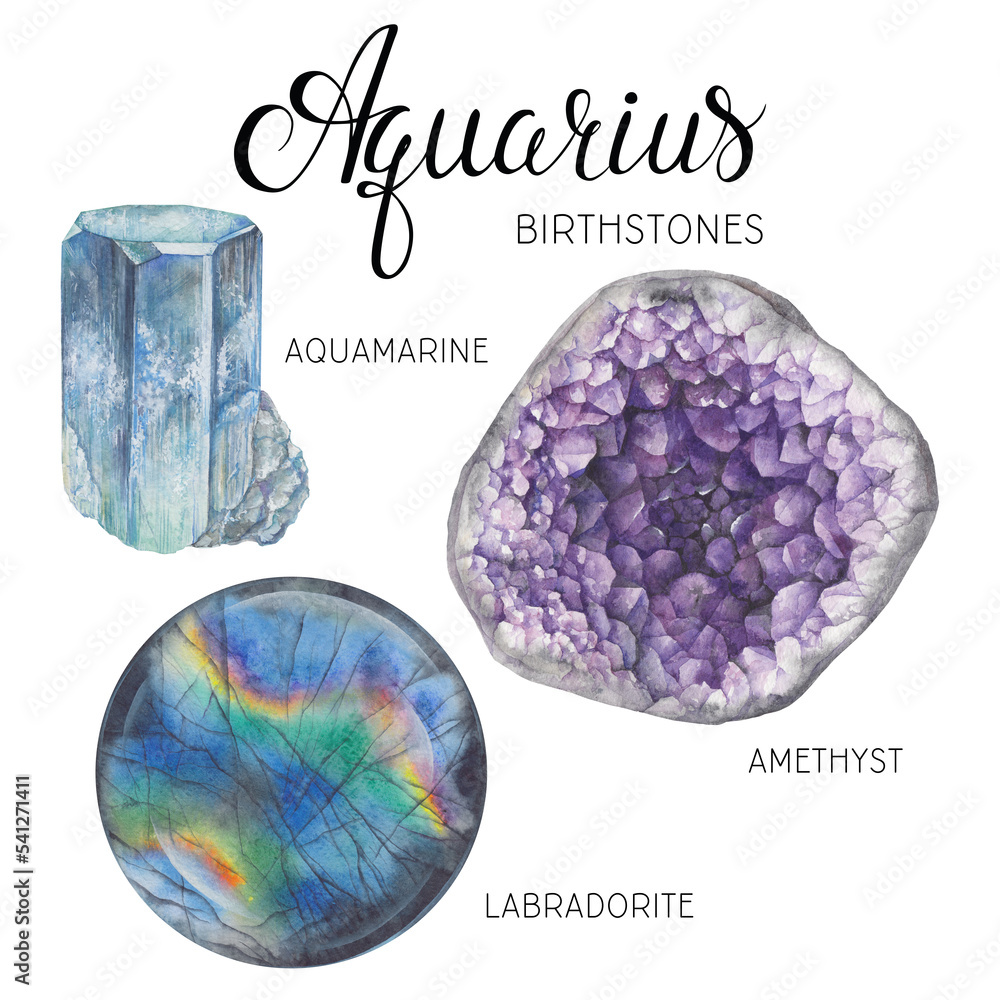 Aquarius birthstones set. Watercolor zodiac stones, healing crystals,  birthday talismans. Amethyst Aquamarine Labradorite gemstones isolated on  white background. Hand painted gems Stock Illustration | Adobe Stock