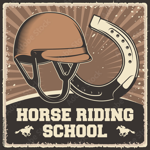 Retro vintage illustration vector graphic of Horse Riding School fit for wood poster or signage