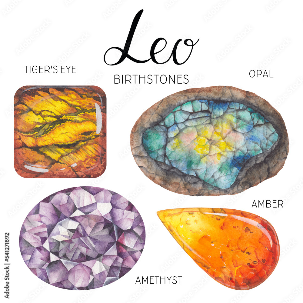 Leo birthstones set. Watercolor zodiac stones healing crystals birthday talismans. Tiger s Eye Opal Amethyst Amber gemstones isolated on white background. Hand painted gems Stock Illustration Adobe St...