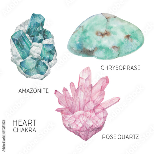 Heart chakra crystals set. Watercolor chakra stones, healing crystals, talismans. Chrysoprase Amazonite Rose Quartz gemstones isolated on white background. Hand painted gems