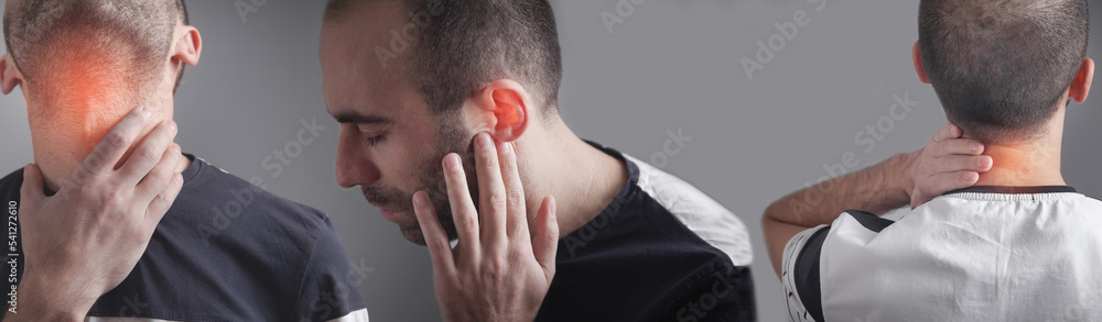 Caucasian man having throat, ears, neck pain.