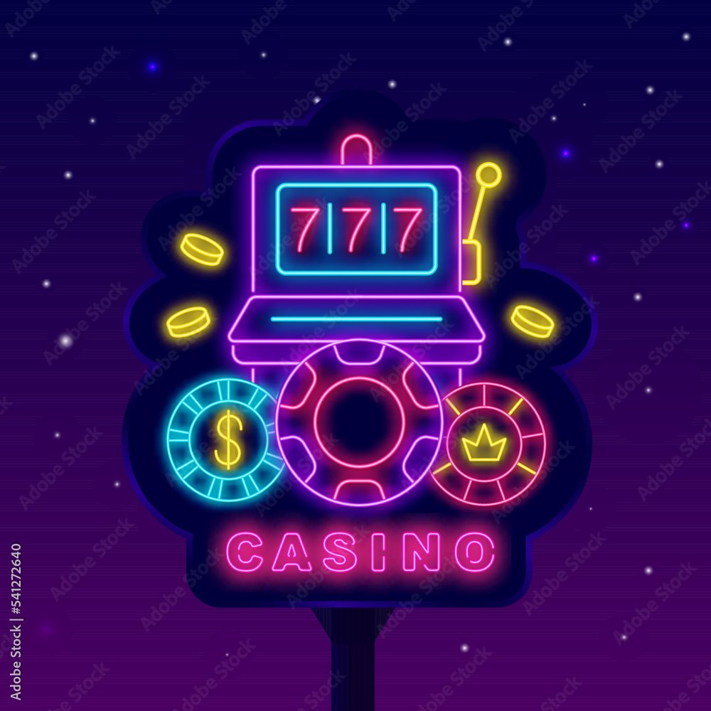 Casino neon signboard. Shiny street billboard. Falling money and casino chips. Vector stock illustration