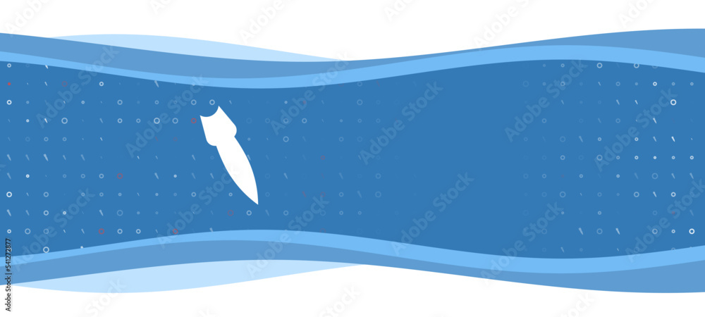 Fototapeta premium Blue wavy banner with a white falling rocket symbol on the left. On the background there are small white shapes, some are highlighted in red. There is an empty space for text on the right side