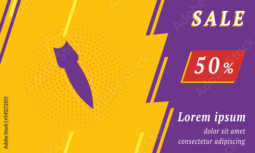 Sale promotion banner with place for your text. On the left is the falling rocket symbol. Promotional text with discount percentage on the right side. Vector illustration on yellow background