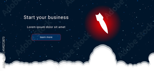 Business startup concept Landing page screen. The falling rocket symbol on the right is highlighted in bright red. Vector illustration on dark blue background with stars and curly clouds from below