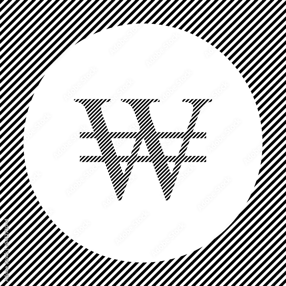 A large Korean won sign in the center as a hatch of black lines on a white circle. Interlaced effect. Seamless pattern with striped black and white diagonal slanted lines A large Korean won sign in the center as a hatch of black lines on a white circle. Interlaced effect. Seamless pattern with striped black and white diagonal slanted lines