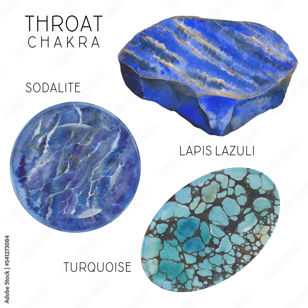 Throat chakra crystals set. Watercolor chakra stones healing