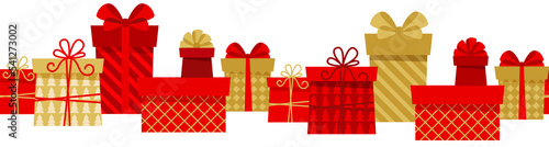 Holiday border with red and gold gift boxes. Horizontal seamless pattern